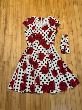 White Polka Dot Dress with Red Rose Print XL